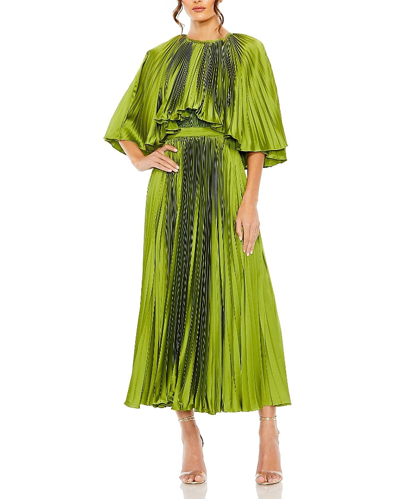 Mac Duggal Pleated Caplet Tea-Length Gown Dress