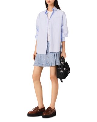 Short Pleated Denim Skirt with Rhinestones