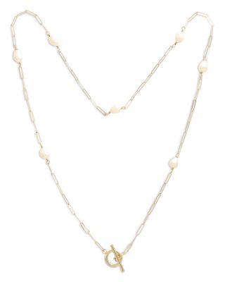 Mother of Pearl Station Paperclip Link Toggle Necklace in 14K Yellow Gold, 18"