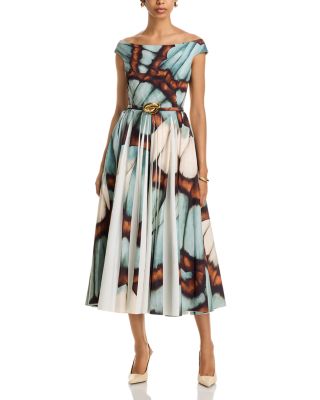 Oscar de la Renta - Scoop Neck Butterfly Poplin Pleated Dress