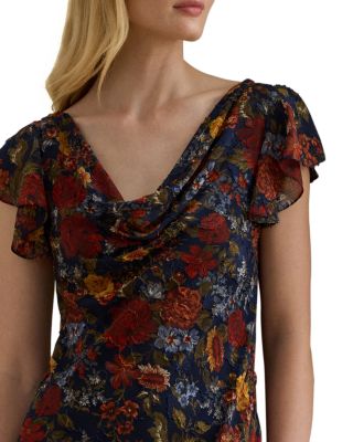 Floral Clipped Jacquard Cowlneck Gown