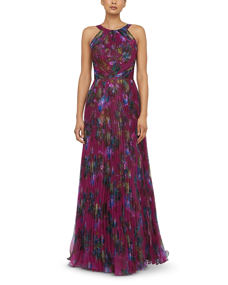 Theia Naveen Pleated Floral-print Organza Gown In Purple