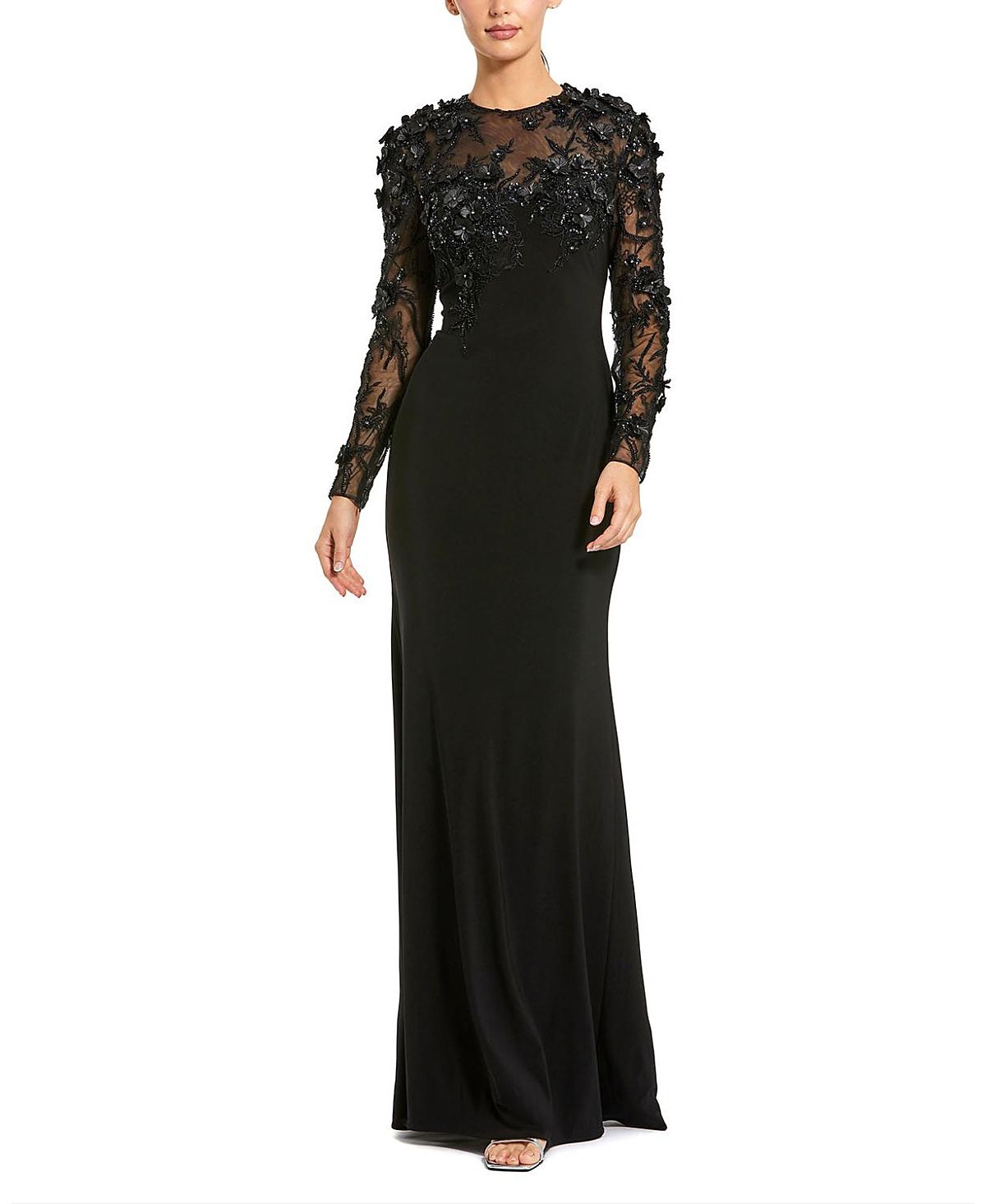 Mac Duggal Jersey Long Sleeve Fitted Gown With Floral Beading