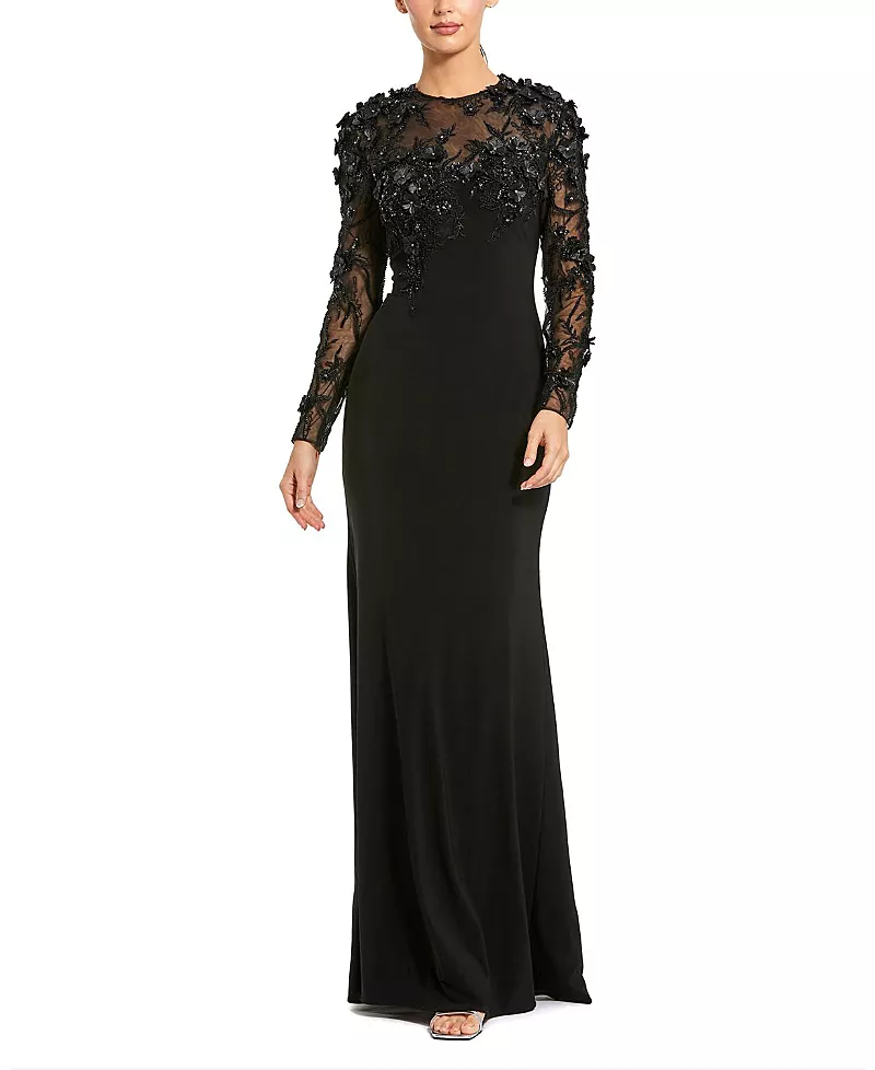 Mac Duggal Jersey Long Sleeve Fitted Gown With Floral Beading