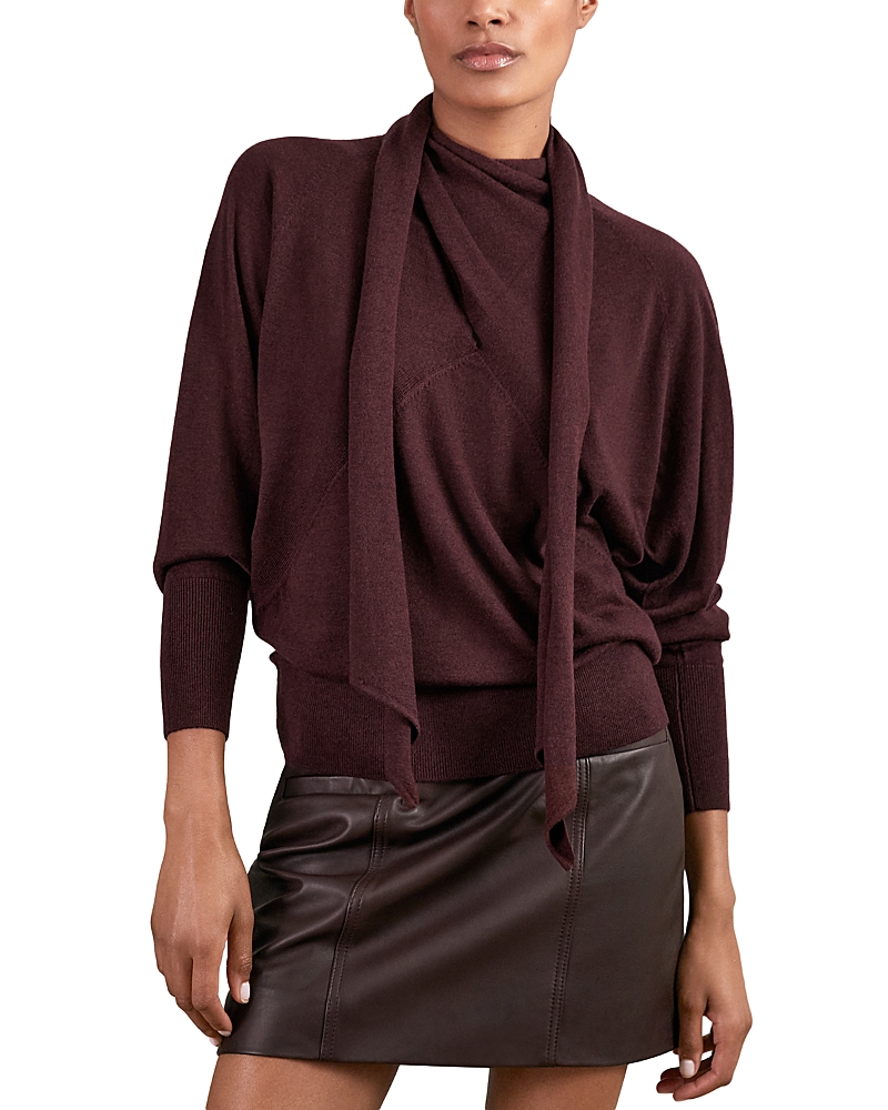 Reiss Womens Burgundy Alexis Scarf-tie Long-sleeve Draped Wool Jumper In Burgundy