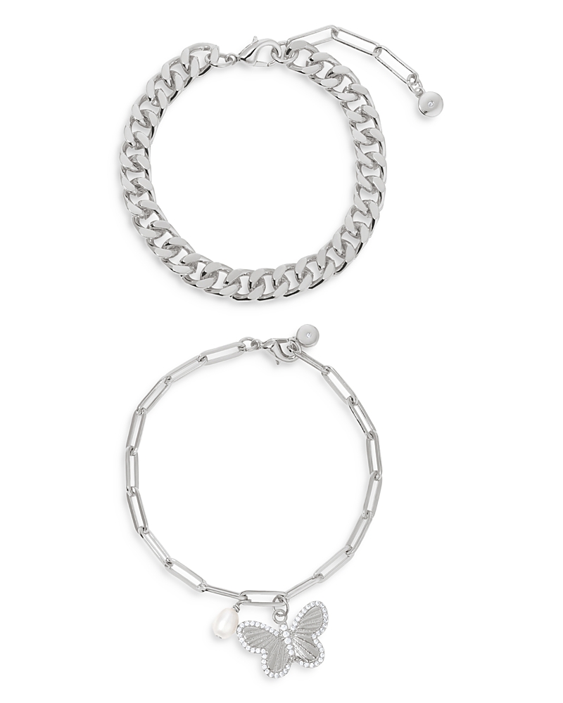 Ettika Butterfly Charm & Chain Bracelet, Set Of 2 In Silver