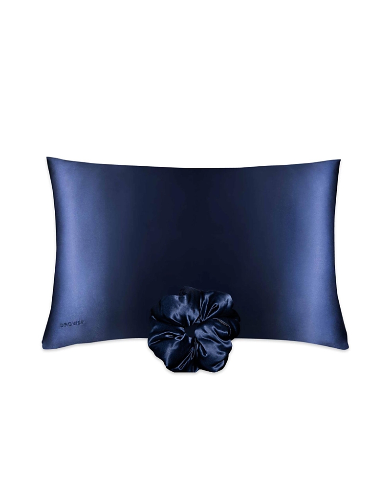 Drowsy Silk Standard Pillowcase And Padded Scrunchie Set In Blue
