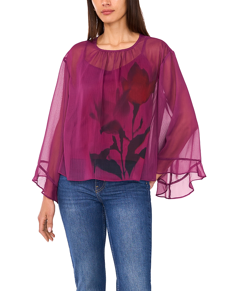 Vince Camuto Floral Flutter Bell Sleeve Top In Purple