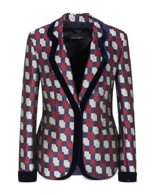Geometric Jacquard Velvet Trim Blazer