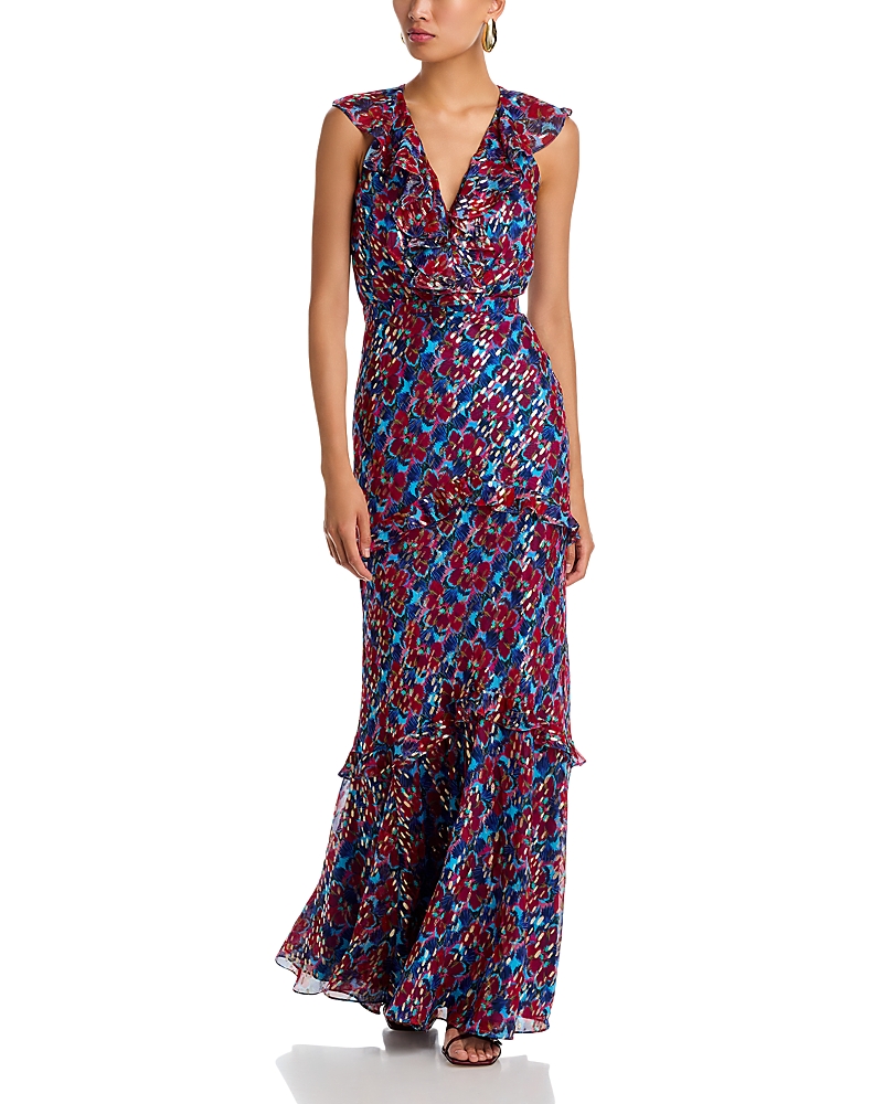 Saloni Rita Ruffled Floral-print Metallic Silk-georgette Gown In Red