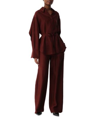 Belted Crinkled Satin Oversized Button Up Shirt