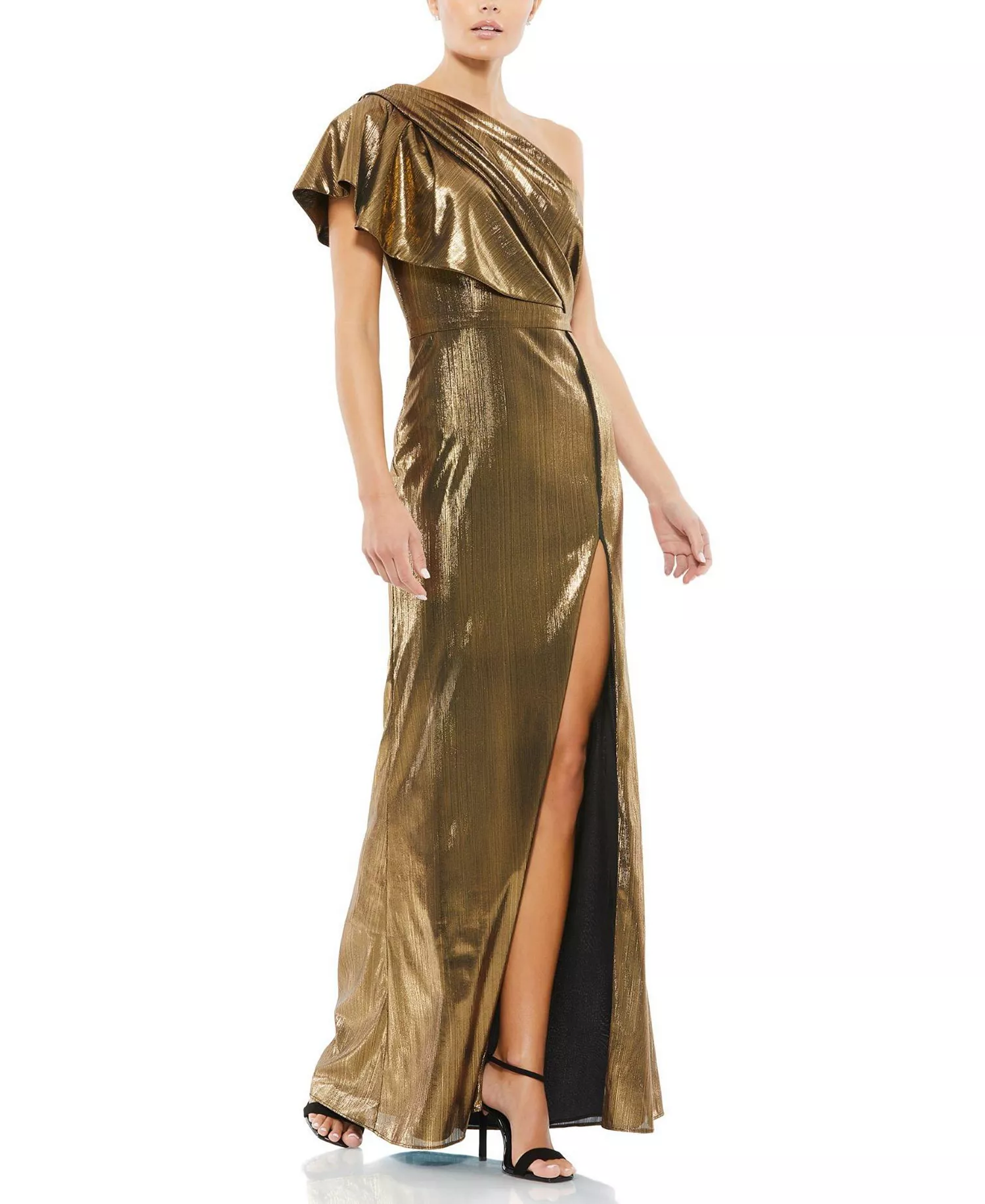Mac Duggal Ruffled One Shoulder Metallic Evening Gown, Bronze