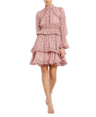 Long Sleeve Open Front High Neck Ruffle Mini Dress