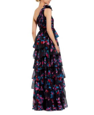 One Shoulder Printed Chiffon Tiered Ruffle Gown