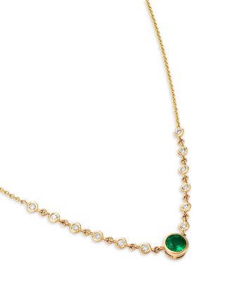 Emerald & Diamond Bezel Station Necklace in 14K Yellow Gold, 17"