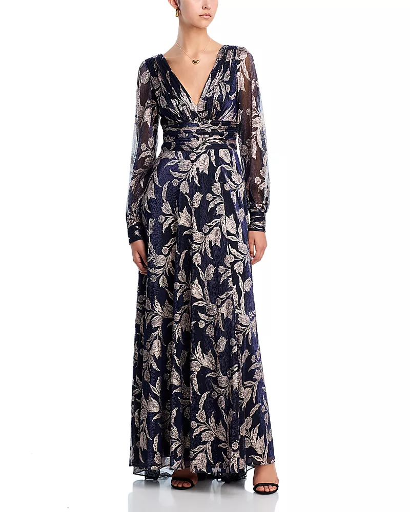 Aqua Metallic Leaf Gown - Exclusive