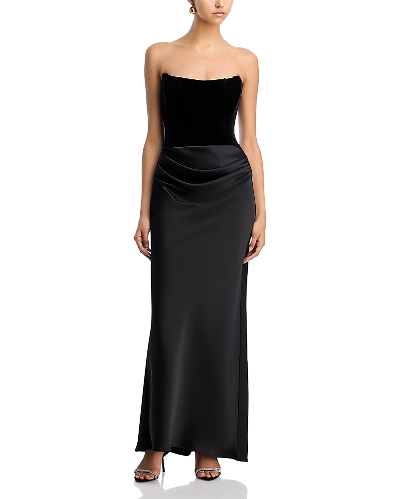 Aqua Strapless Velvet Bodice Gown - Exclusive In Black