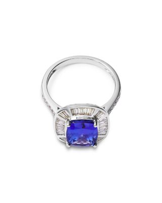 Tanzanite & Diamond Baguette & Round Halo Ring in 14k White Gold