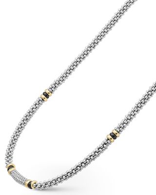 18K Yellow Gold & Sterling Silver Black Caviar Diamond & Black Ceramic Collar Necklace, 16"