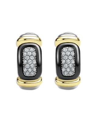 Diamond & Black Ceramic Huggie Earrings in Sterling Silver & 18K Gold Plated Sterling Silver 