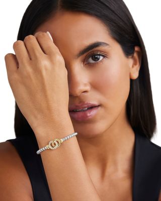 18K Yellow Gold & Sterling Silver Signature Caviar Diamond Interlocking Ring Stretch Bracelet