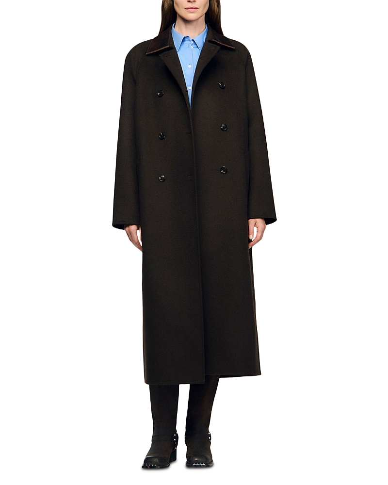Sandro Long Wool And Leather Coat In Black