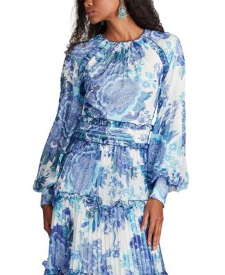  Atlas Pleated Floral Print Gown