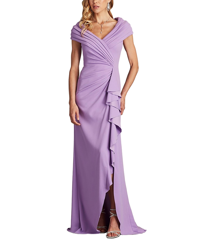 Tadashi Shoji Talise Waterfall Flounce Gown In Purple