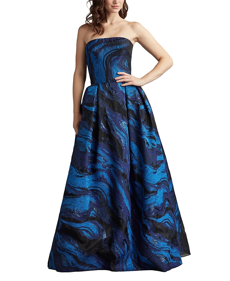 Tadashi Shoji Metallic Swirl Print Strapless Gown In Blue