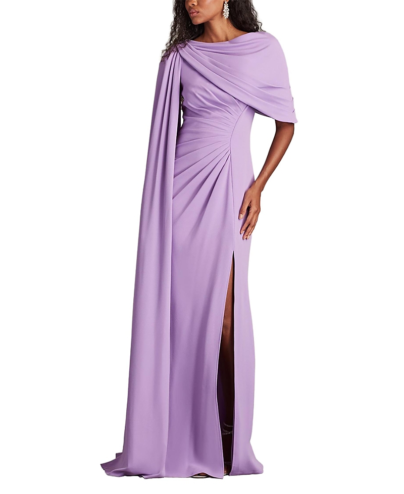 Tadashi Shoji Draped Cape Sleeve Slit Gown In Purple