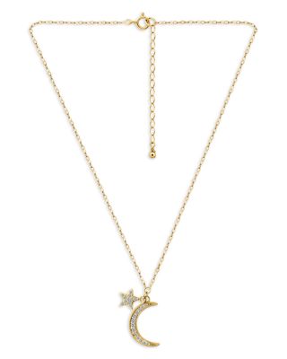 Pav&eacute; Cubic Zirconia Moon & Star Charm Necklace in Sterling Silver or 18K Yellow Gold Plated Sterling Silver, 16-18"L - Exclusive