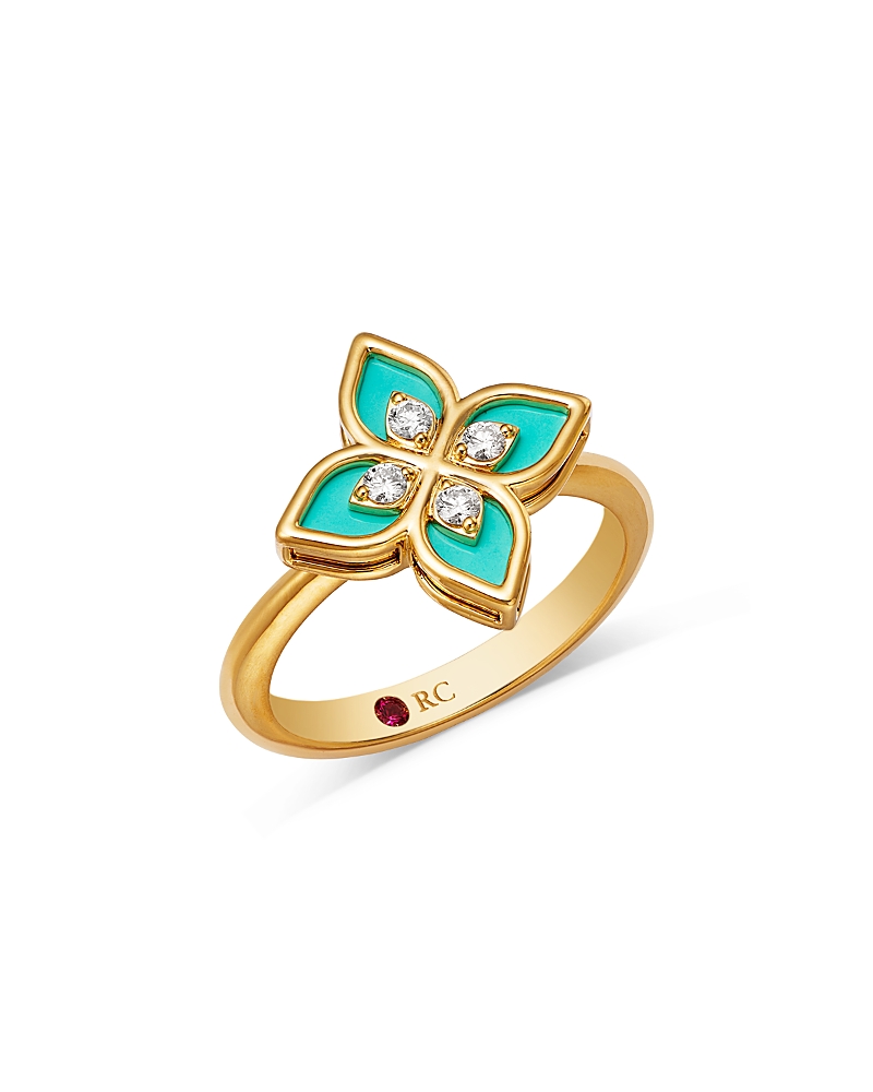 Roberto Coin 18k Yellow Gold Venetian Princess Blue Enamel & Diamond Flower Ring In Gold