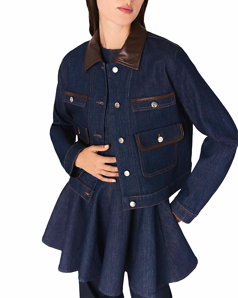 Maje Denim Jacket With Faux Leather In Blue