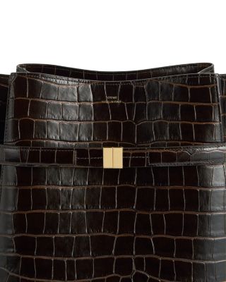 Belted Croc-Embossed Bucket Bag in Dark Brown