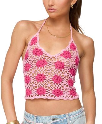  Contrast Floral Crochet Halter Top