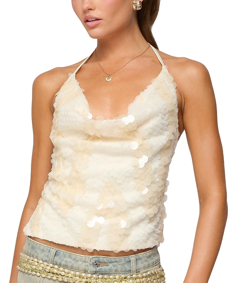 Edikted Reid Sequin Cowl Neck Open Back Halter Top In White