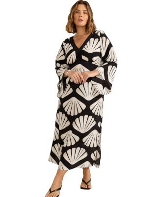 Shell Print Flared Sleeve V-Neck Dress