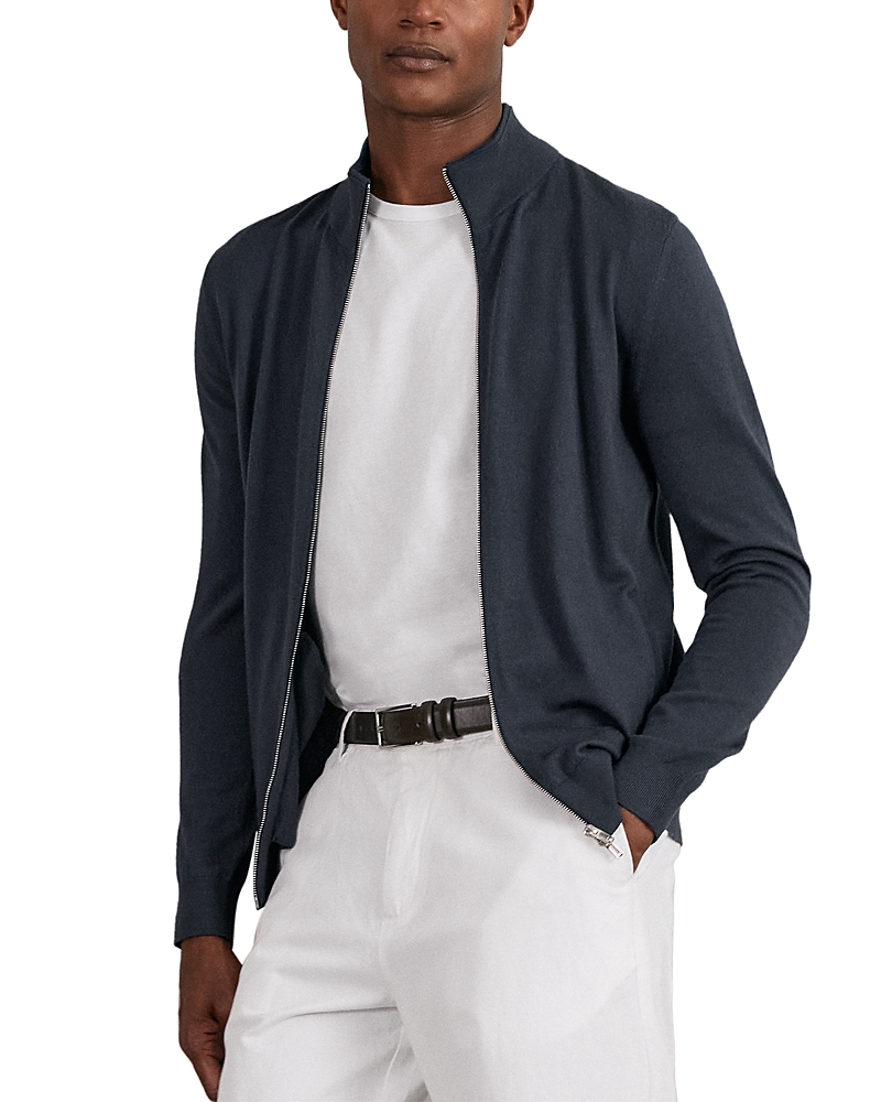 Reiss Hampshire Long Sleeved Merino Wool Zip Through Funnel Neck Shirt In Blue