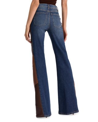 High Rise Faux Leather Patchwork Flare Jeans in Darby Vintage Blue