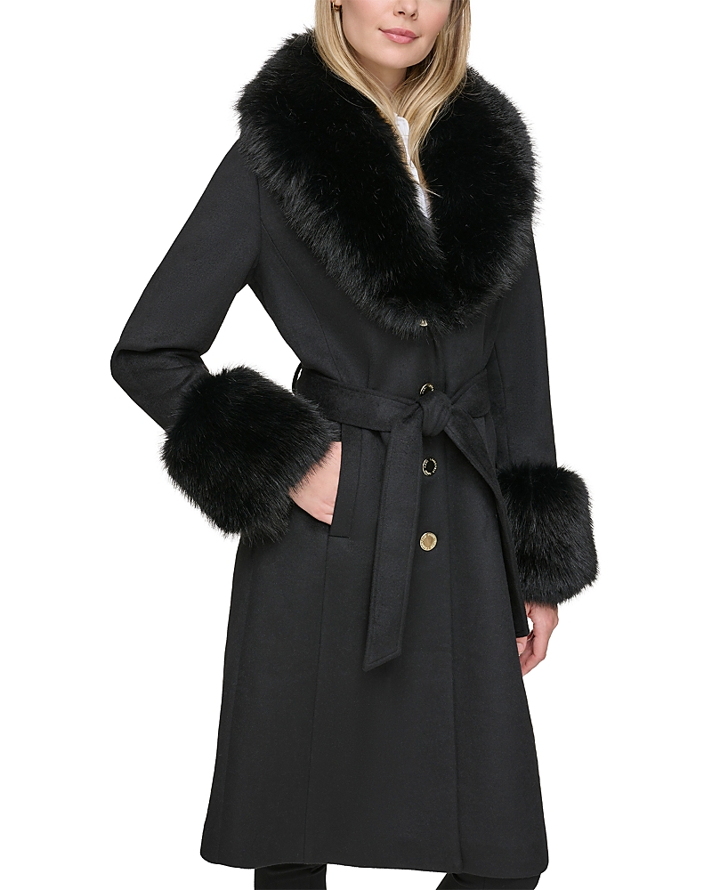 Karl Lagerfeld Wool Blend Faux Fur Trim Coat In Black