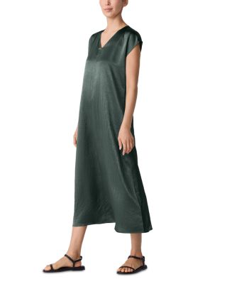 Satin V Neck Cap Sleeve Midi Dress