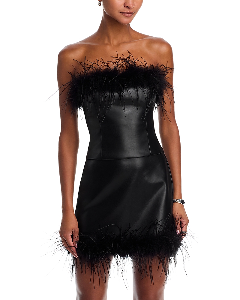 Aqua Feather Trim Faux Leather Top - Exclusive In Black