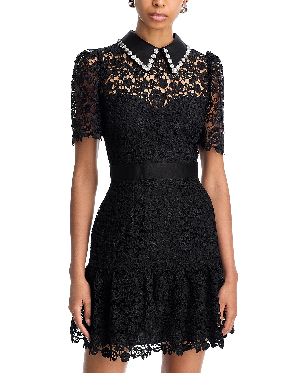 Aqua Pearl Trim Short Sleeve Lace Mini Dress - Exclusive