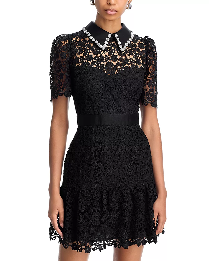 Aqua Pearl Trim Short Sleeve Lace Mini Dress - Exclusive