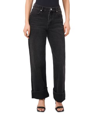 High Rise Cuffed Wide Leg Jeans in Rich Black