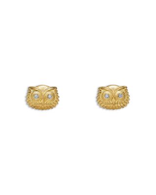 18K Yellow Gold FJ Diamond Athena Owl Stud Earrings
