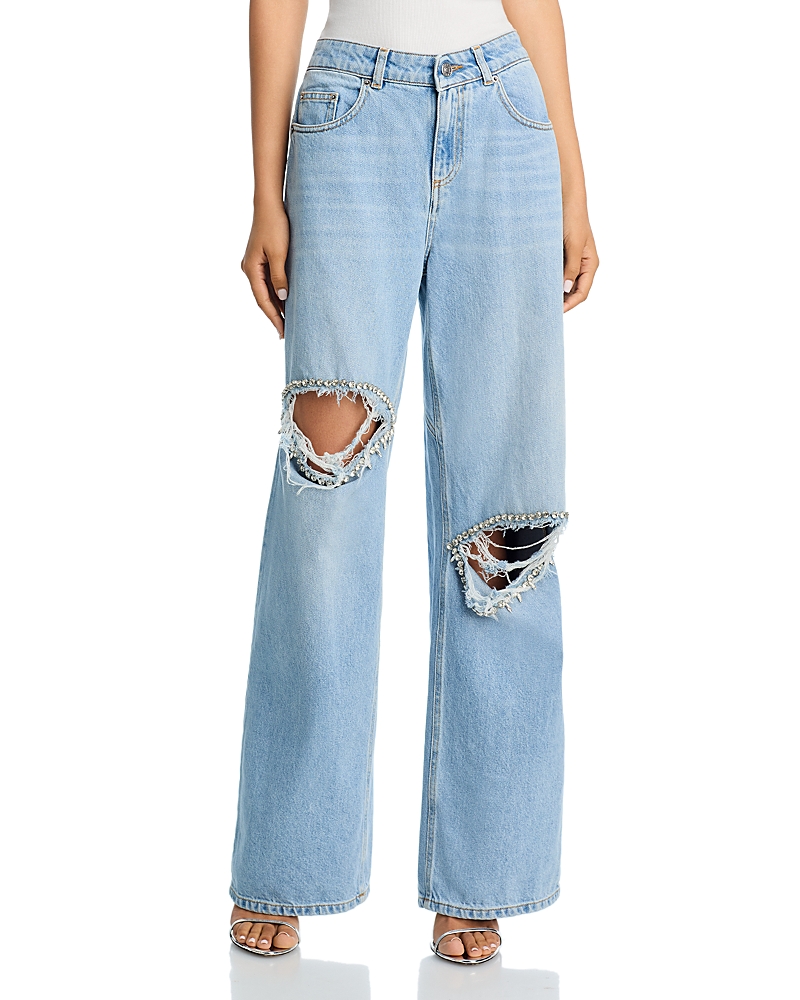 Area Distressed Crystal High Rise Relaxed Jeans In Medium Blue In Blue