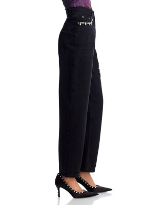 Crystal Heart High Rise Straight Leg Jeans in Black