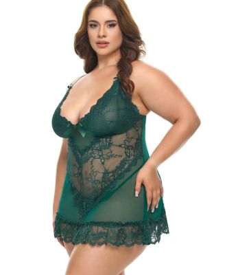 Plus Valentine Soft Cup Lace Babydoll with Bows and G-string Panty