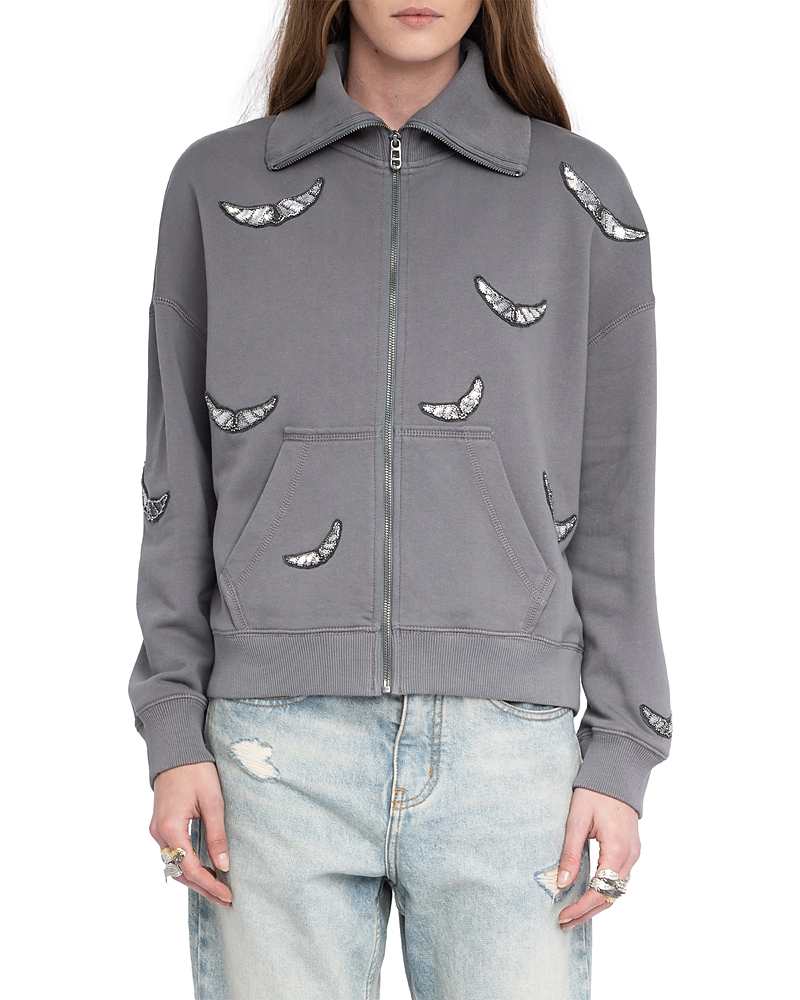 Zadig & Voltaire Womens Milly Wing-embroidered Zipped Cotton Sweatshirt Medium Grey In Gray